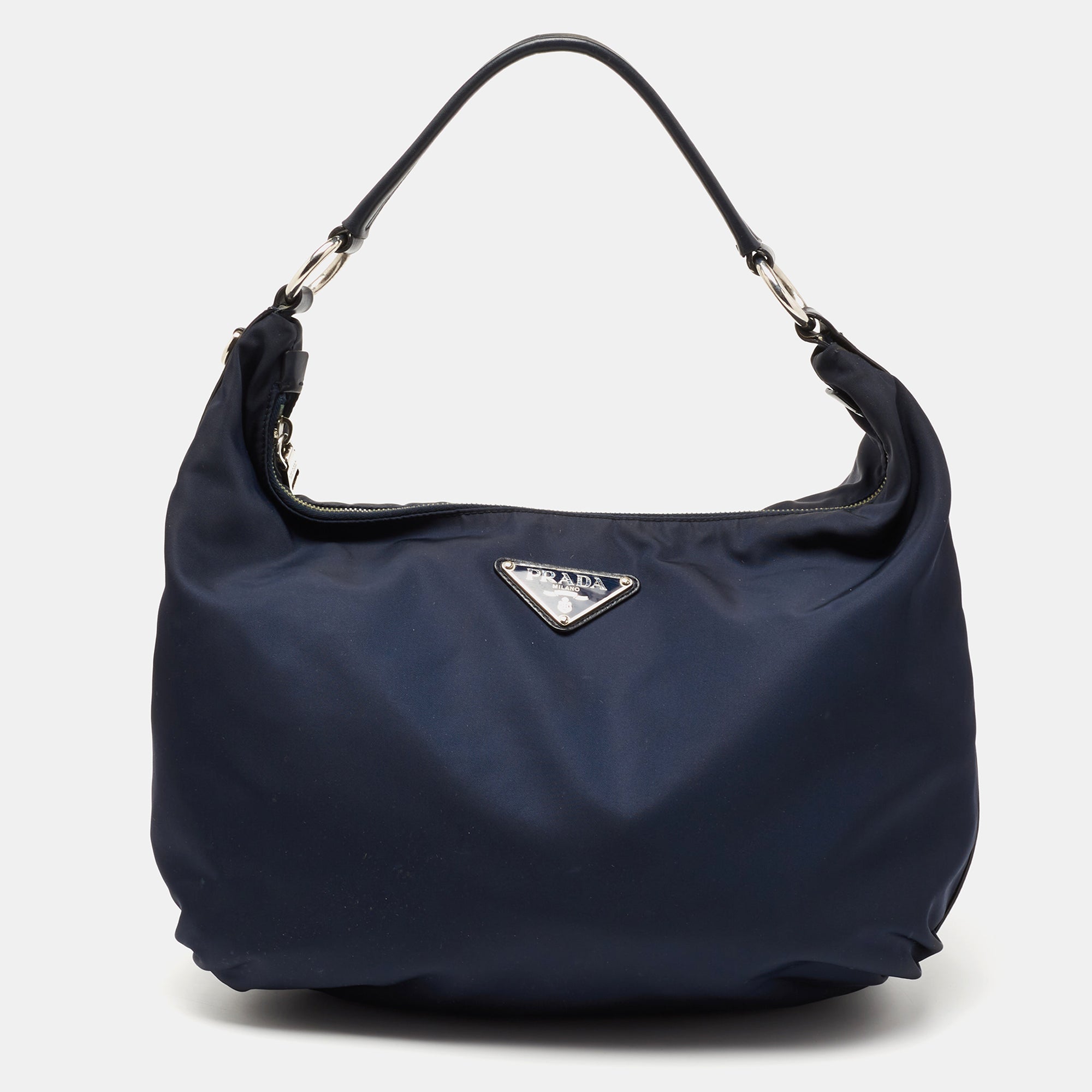 Prada Navy Blue Nylon and Leather Logo Zip Hobo