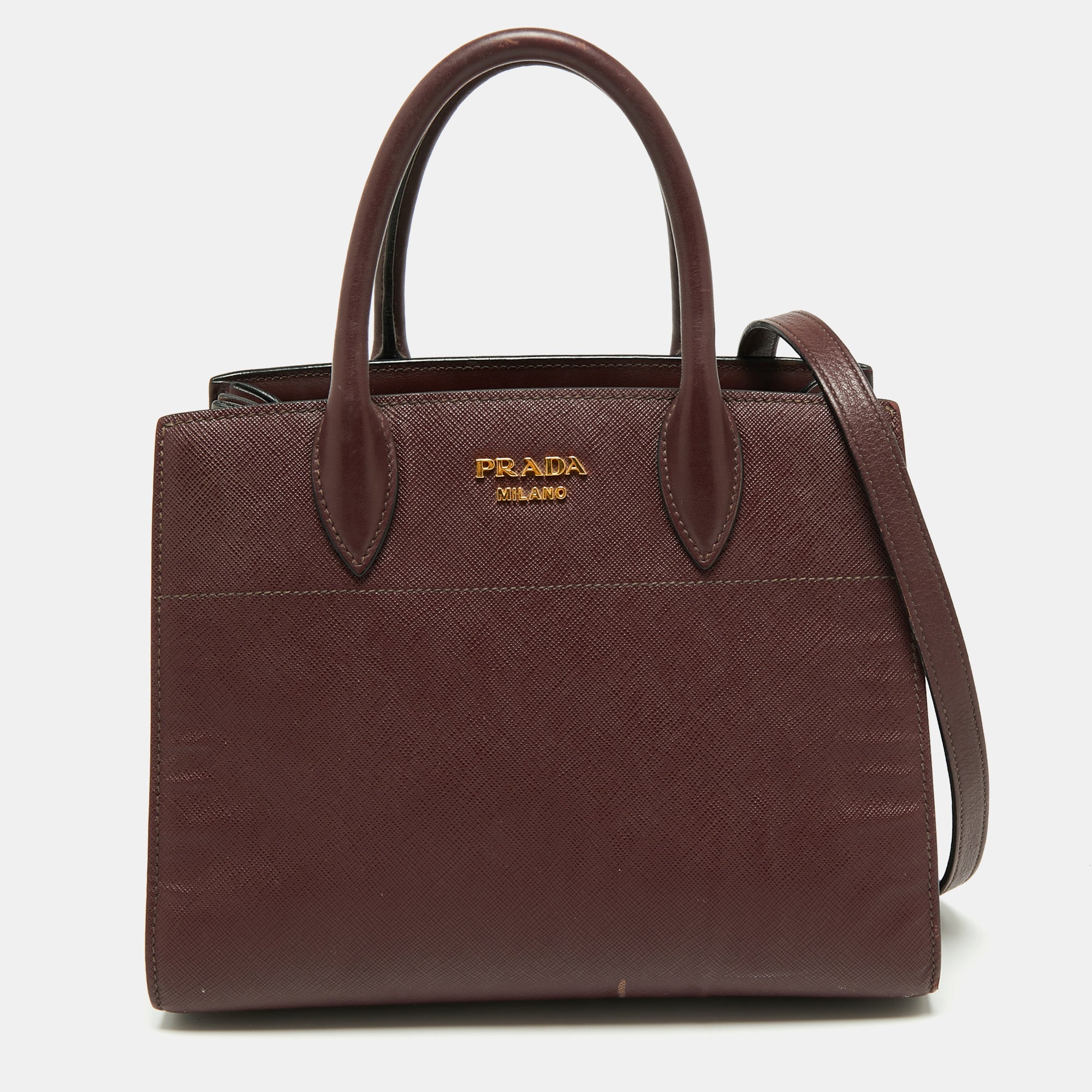 Prada Burgundy/Grey Saffiano Leather Bibliotheque Tote