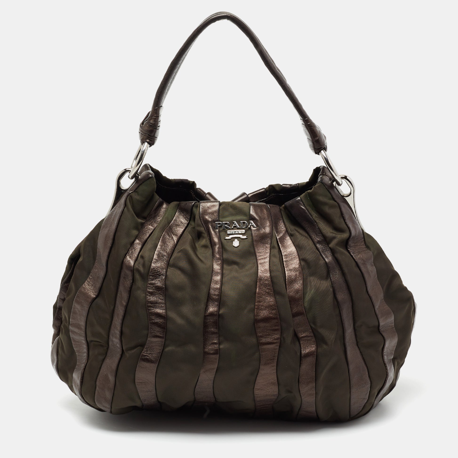 Prada Olive Green/Brown Leather And Nylon Tessuto Waves Hobo