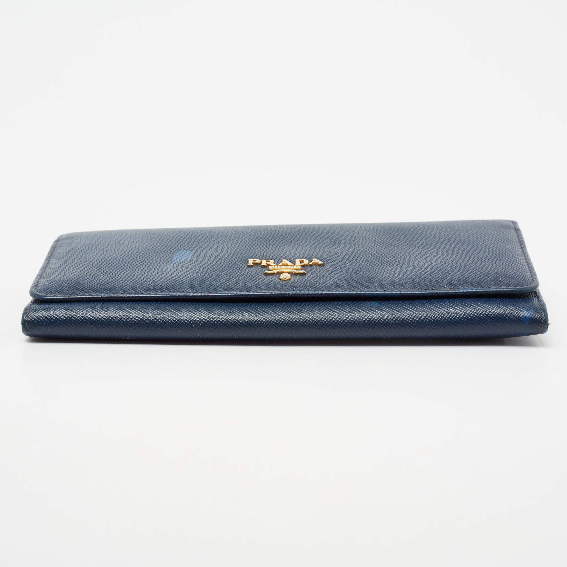 Prada Navy Blue Saffiano Metal Leather Logo Flap Continental Wallet