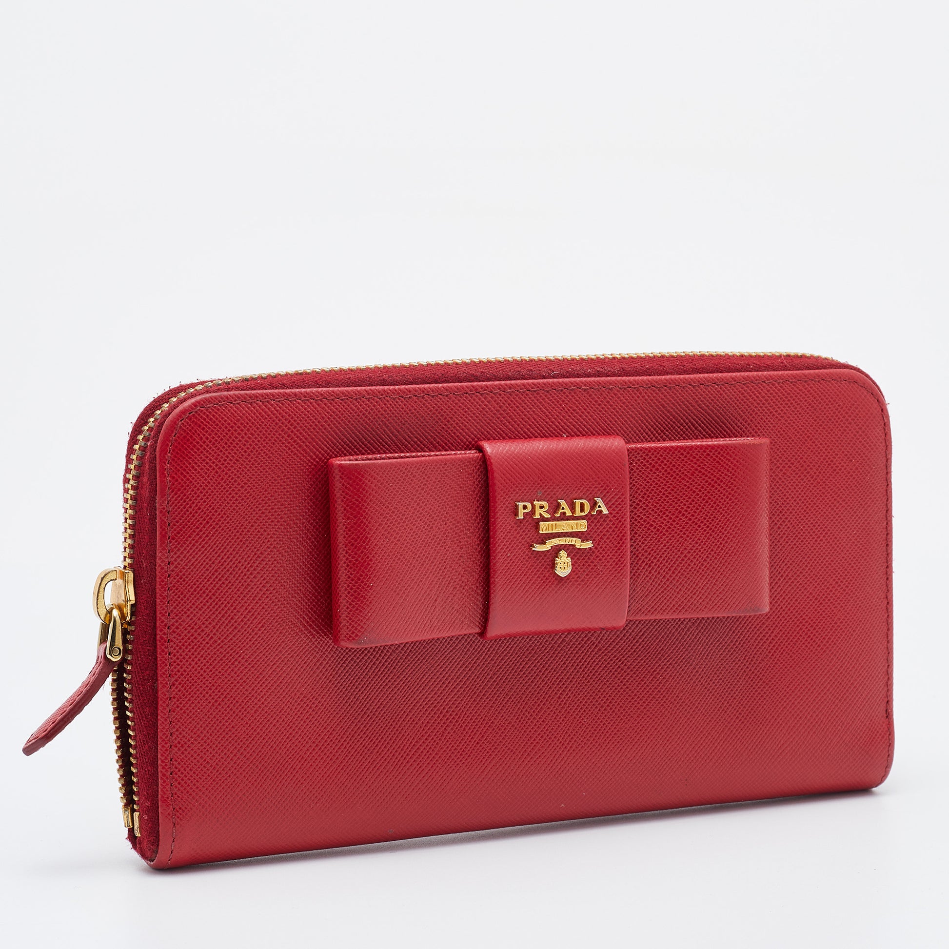 Prada Red Saffiano Leather Bow Zip Around Wallet