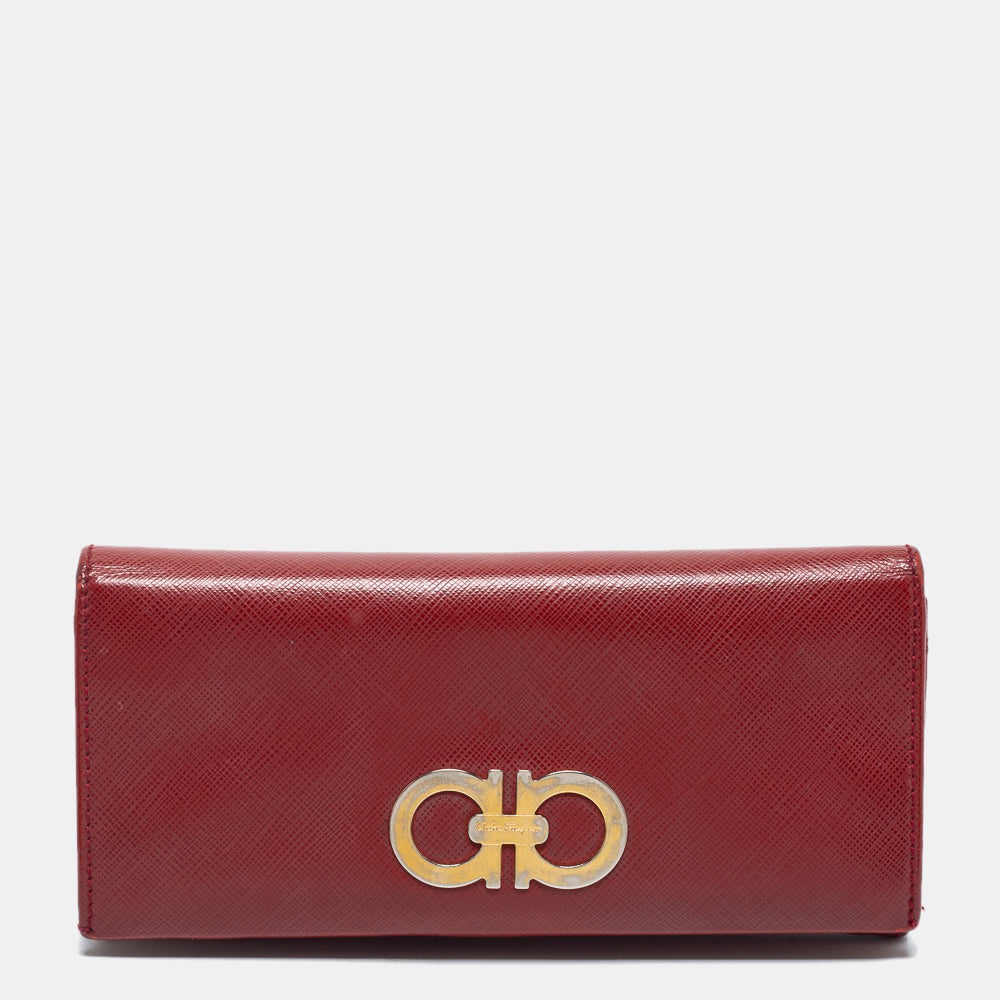 Image of Salvatore Ferragamo Red Leather Double Gancio Continental Wallet, Red