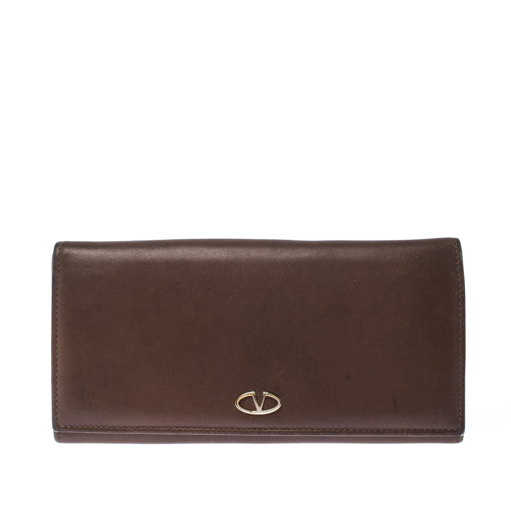 Image of Valentino Brown Leather V Ring Flap Continental Wallet, Brown