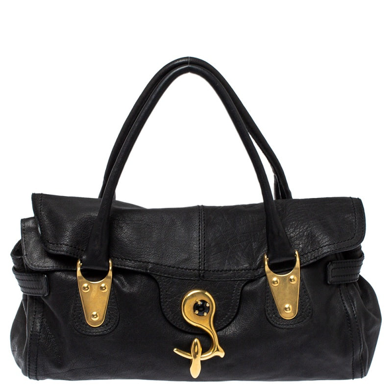 Image of Valentino Black Soft Leather Clasp Flap Satchel, Black