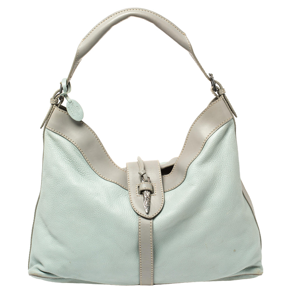 image of Valentino Mint Blue/Grey Grain Leather Metal Flap Hobo, Blue