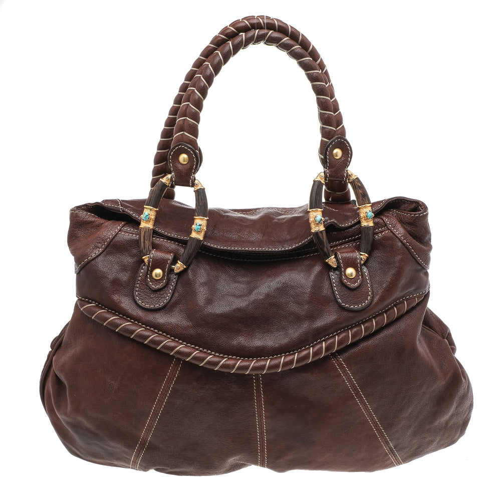 Image of Valentino Brown Leather Braided Handle Shoulder Bag, Brown