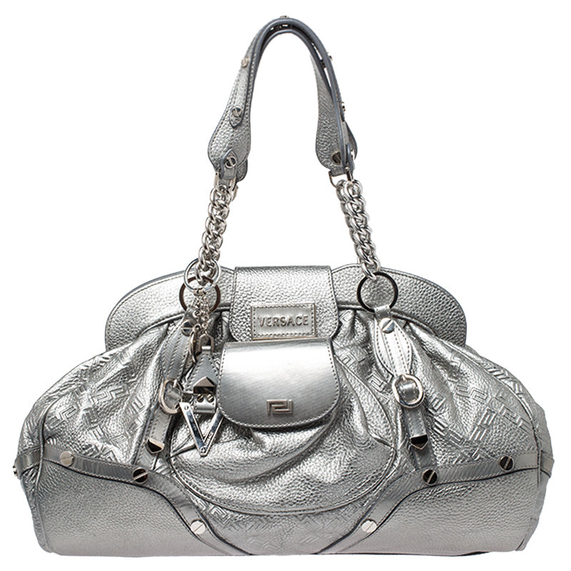 image of Versace Metallic Silver Leather Chain Link Satchel, Metallic