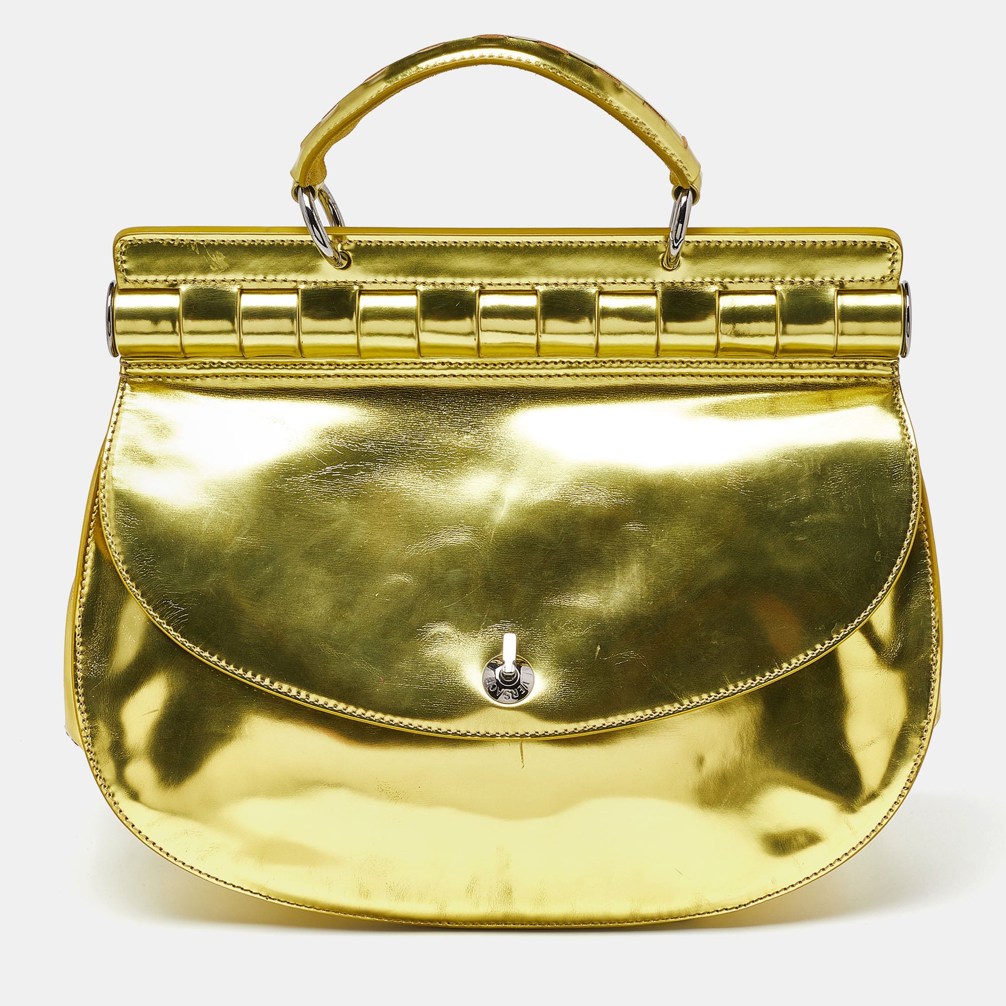 image of VERSACE Metallic Green Patent Leather Flap Hobo