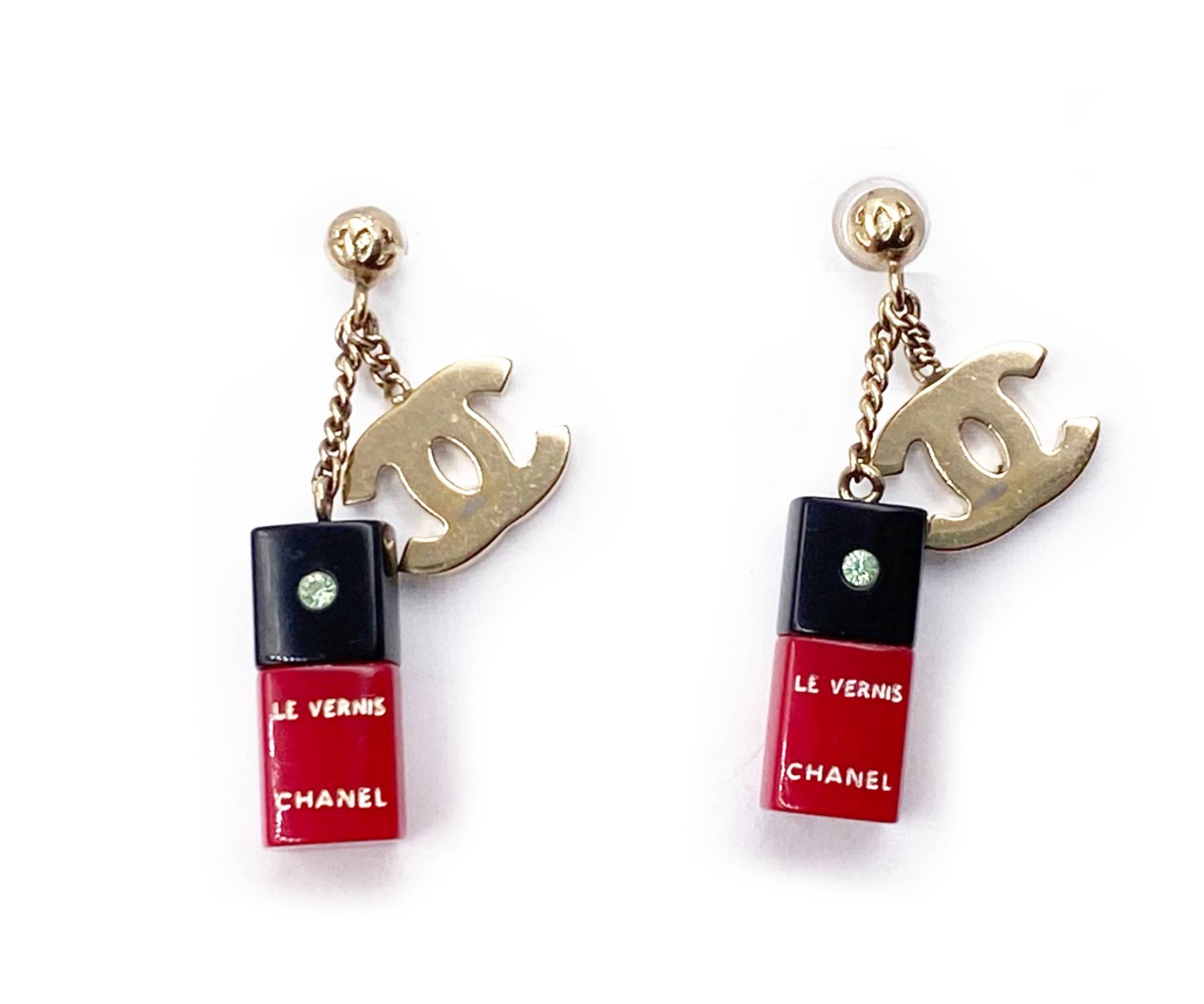 image of CHANEL Vintage Rare Gold CC Red Nail Polish Piercing Earrings