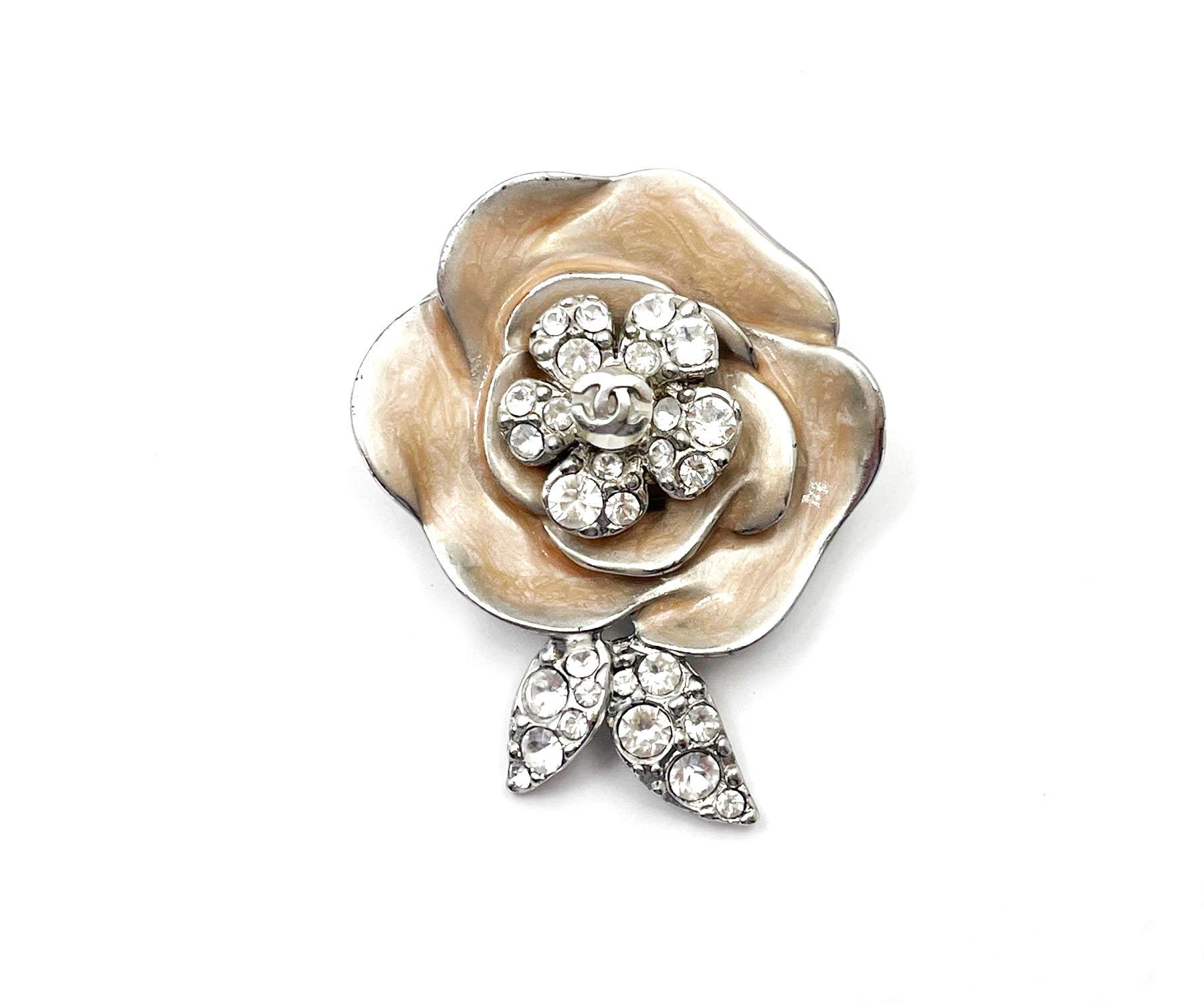 image of CHANEL Silver CC Crystal Pink Enamel Camellia Flower Brooch