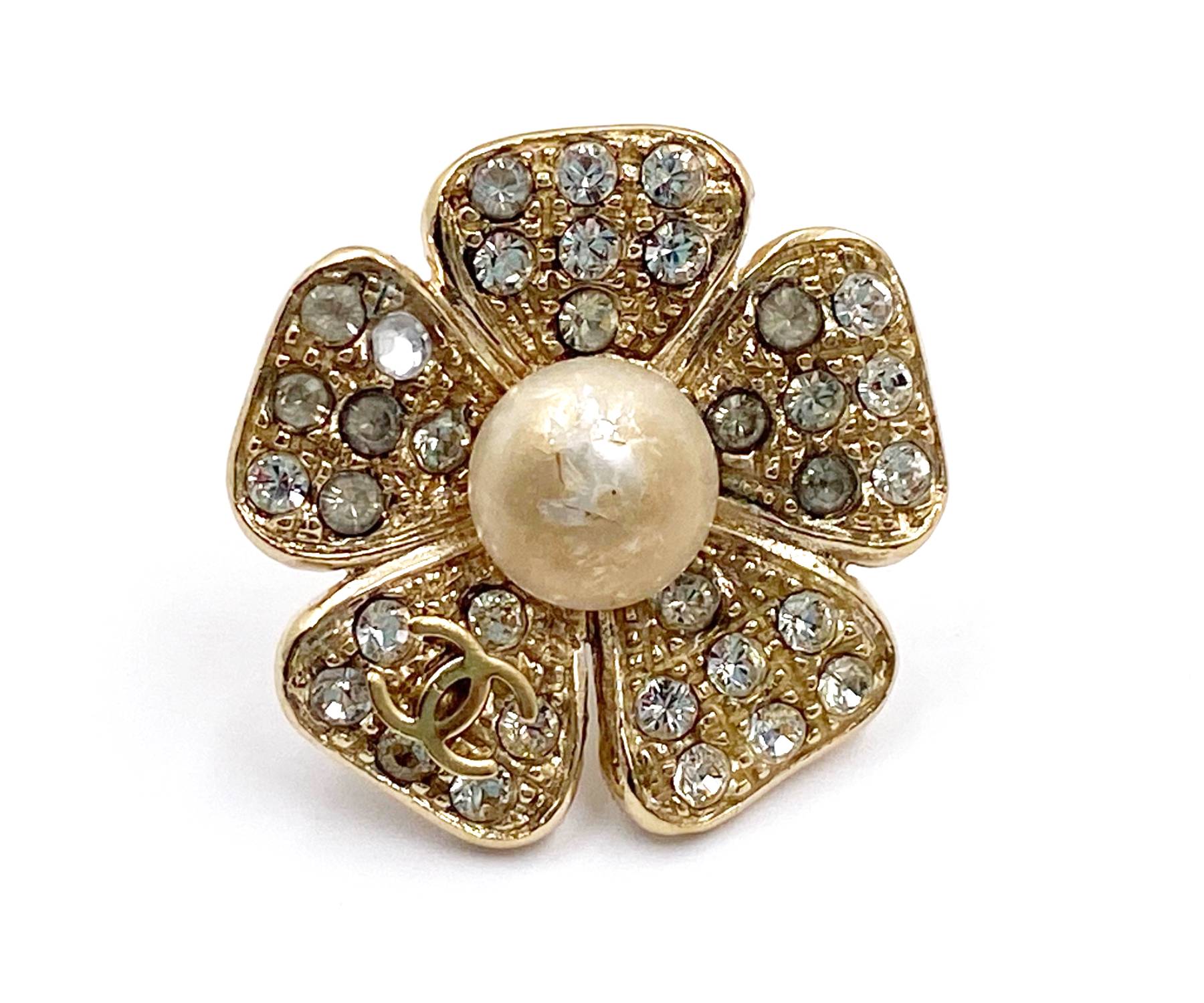 image of CHANEL Vintage Classic Gold Plated CC Flower Pearl Crystal Pin