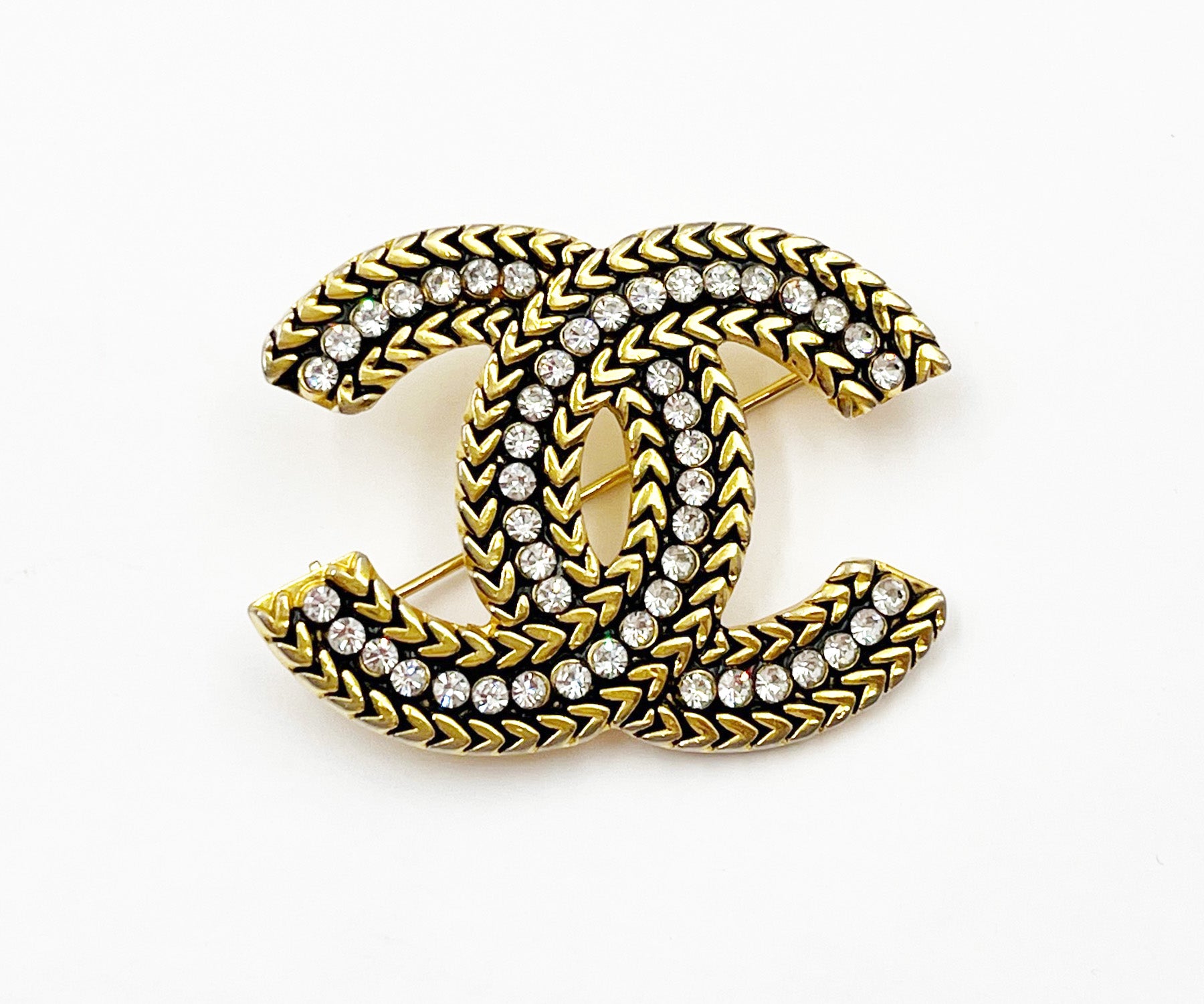 Image of CHANEL Vintage Gold Plated CC Greek Black Crystal Brooch