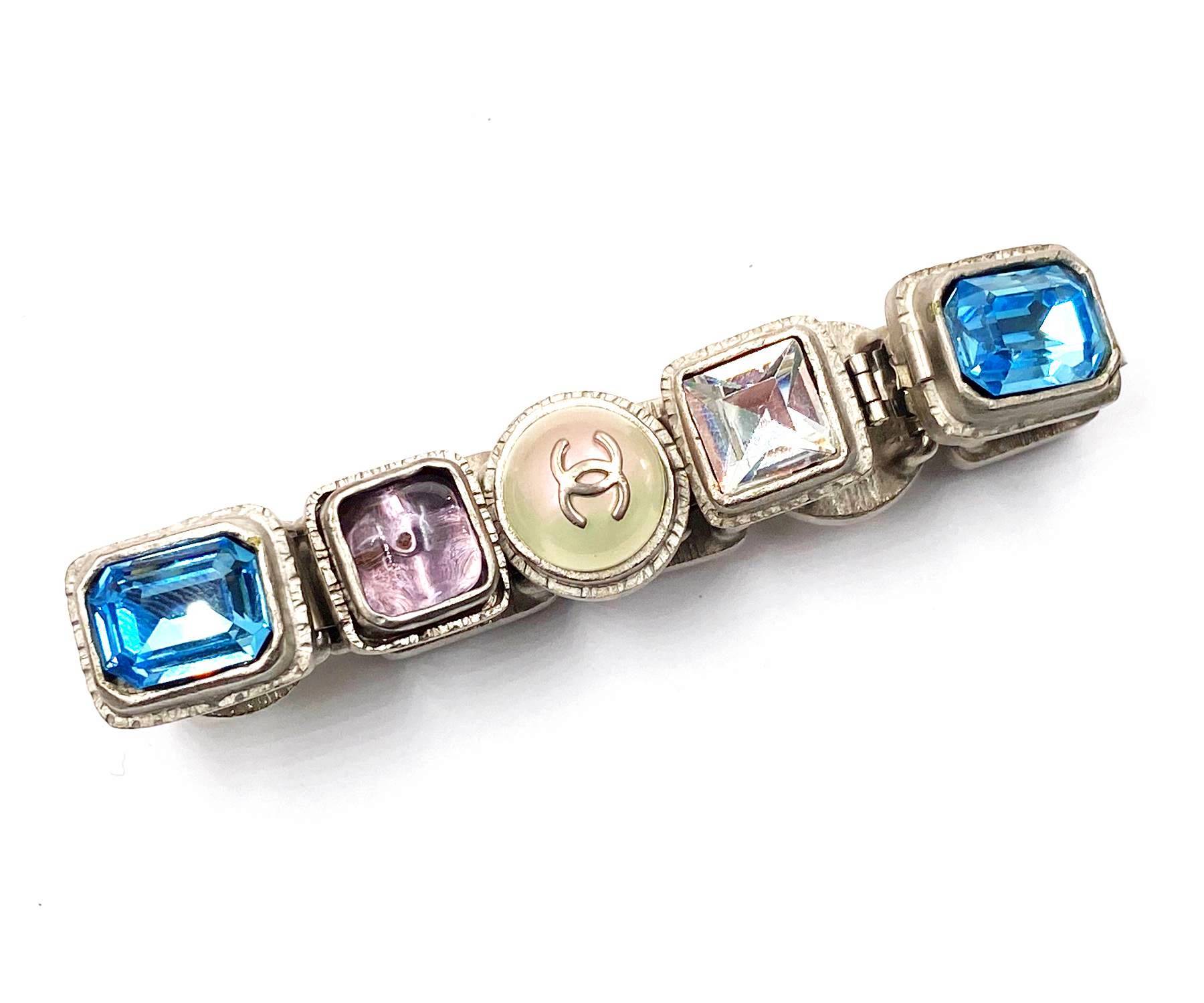 image of CHANEL Vintage Rare Rustic Silver Gem Stone Pearl CC Bracelet