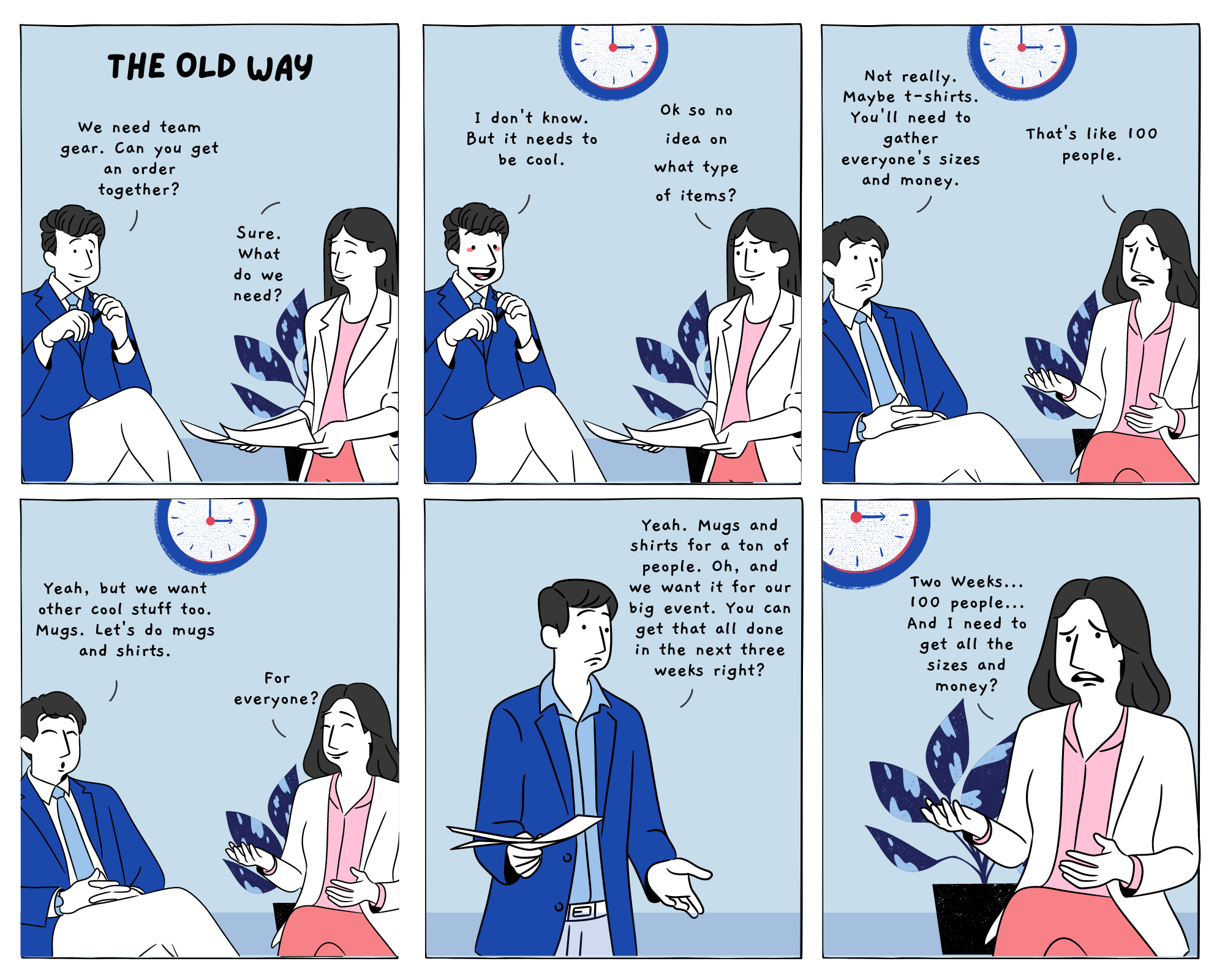 Man and woman in an office setting 6-panel comic talking about the old custom order process.