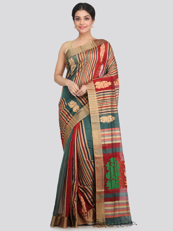 Handloom Cotton Silk Maheshwari Saree With Sleek Golden Border~dark green