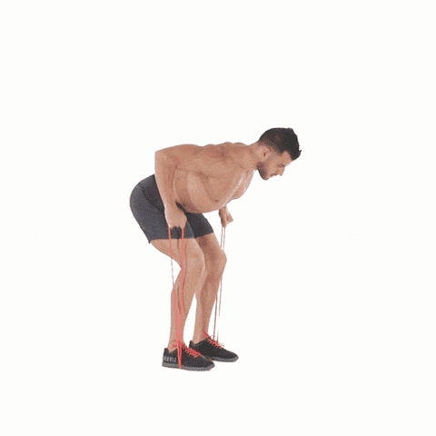 A man performing bent over row using resistance bands