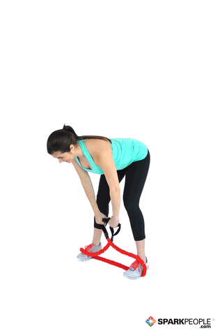 Image of woman doing bent over row using resistance bands