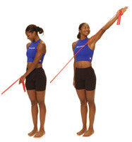A woman performing Diagonal shoulder flexion using resistance bands