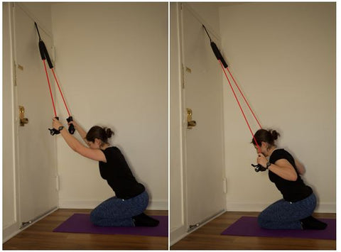 Image of woman performing kneeling row with the help of resistance bands