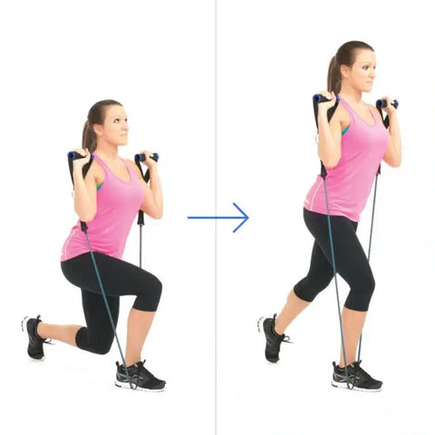 Image of woman performing lunge using resistance bands