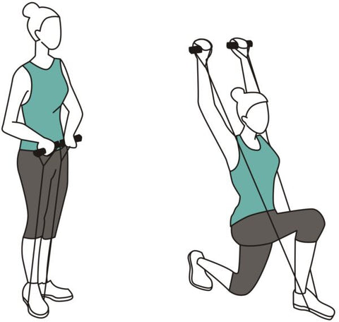 Image of woman doing lunge and front raise simultaneously using resistance bands