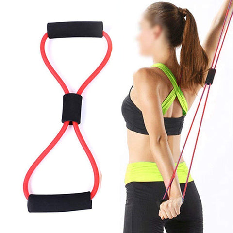 Woman doing exercise with figure 8 resistance bands