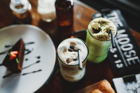 iced vanilla matcha latte and dessert