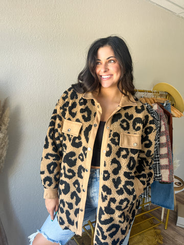 Morning Coffee Jacket - Cheetah print sherpa bomber with rounded hemline.