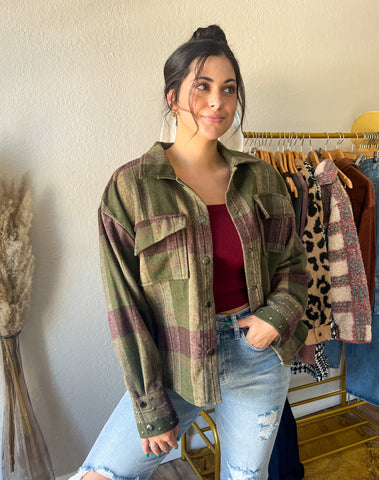 Day Off Shacket - Green plaid shacket with studded cuffs.