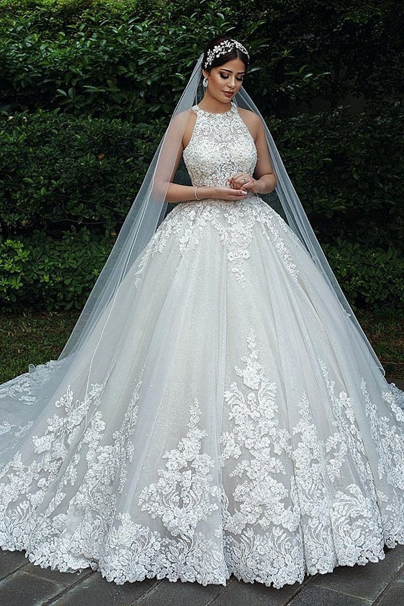 Luxury Ball Gown Lace Muslim Bride Lace Plus Size Wedding Dress Bwd022 