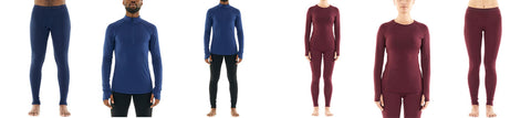 A black man models dark blue thermal underwear. A white woman models maroon thermal underwear.