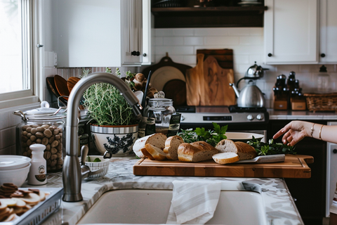 Busy kitchen scene with a person slicing bread on a bamboo bread box cutting board, demonstrating the convenience of the integrated cutting surface and storage, in a modern, clean kitchen setting.