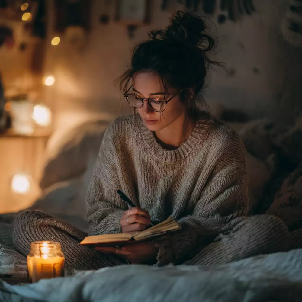Peaceful nighttime routine with journaling and meditation before sleep.