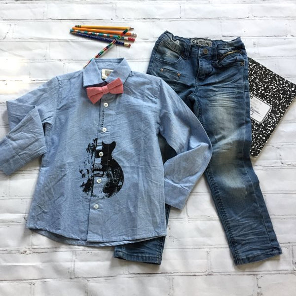 Boys Blue Guitar Button-Up with Hipster Jeans