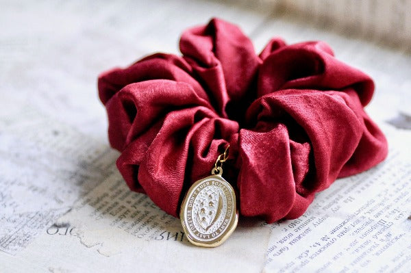 Enamel Wax Seal Gold Charm Scrunchie Satin Black Lily of the