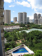 Luana Waikiki view of pool park and ocean from window