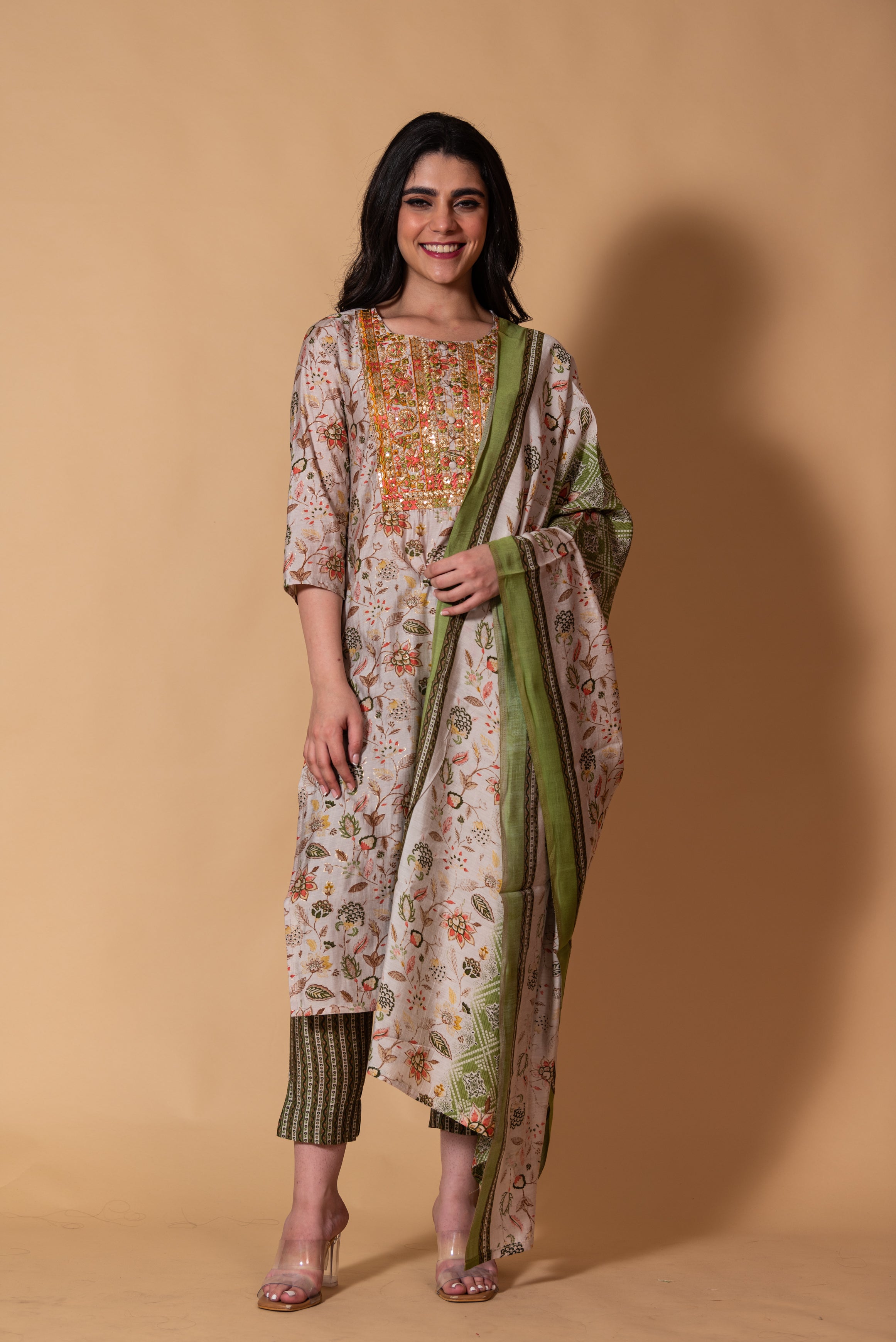 Pastel Cream with Green Printed Embellished Silk Suit Set