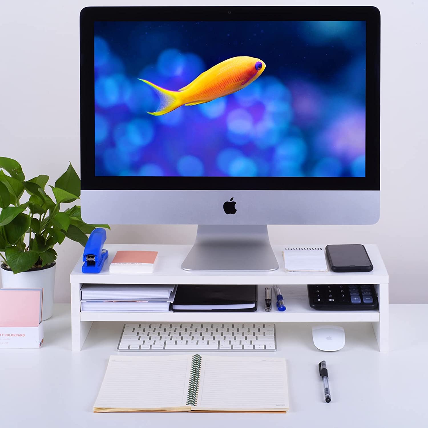 white wooden monitor stand