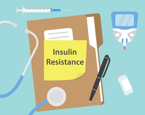 Graphic of a manila folder reading insulin resistance surrounded by a blood sugar monitor, insulin needle, and insulin vile.