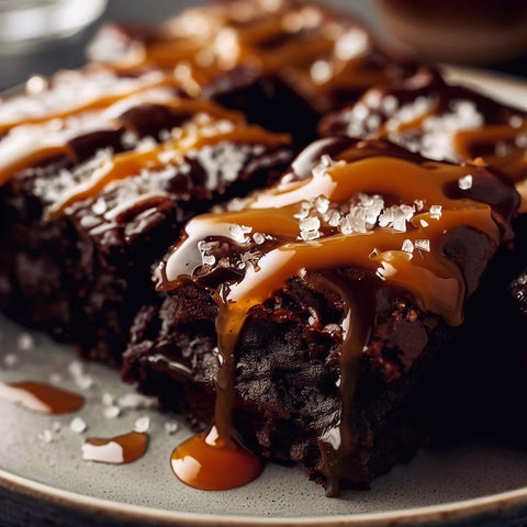 Brownies with caramel drizzle sprinkled with sea salt