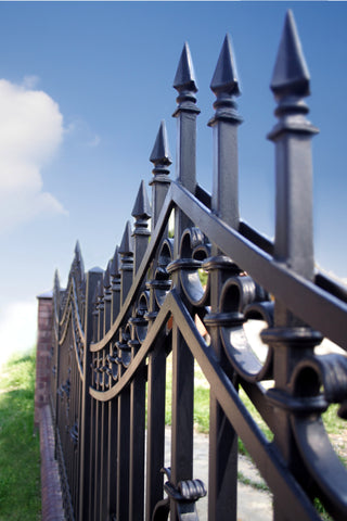 Elegant wrought iron fence with intricate scrollwork designs, providing a sophisticated boundary to a property.