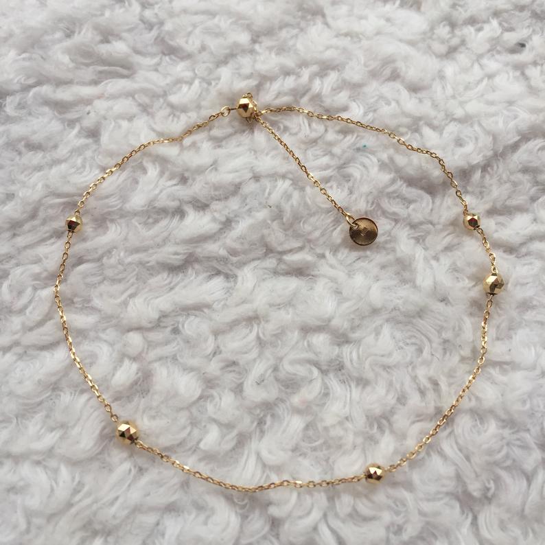 18K Gold Beads / Mirror Ball Adjustable Thin Chain Bracelet For