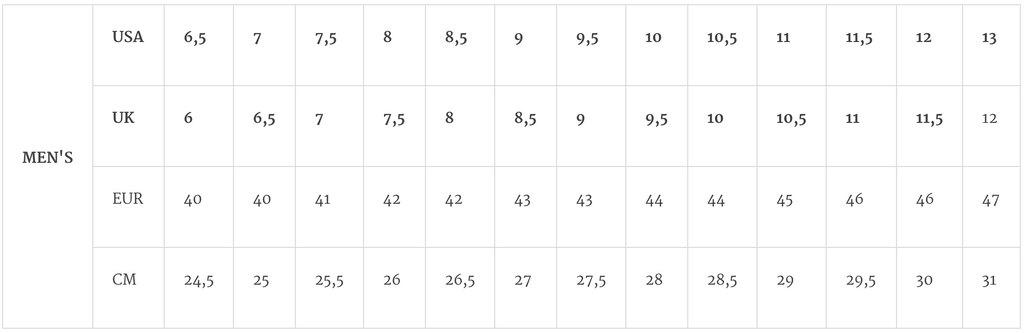 Boot Size Chart Ee