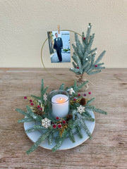 Holiday memorial wreath with candle, christmas tree, photo ring, and a photograph