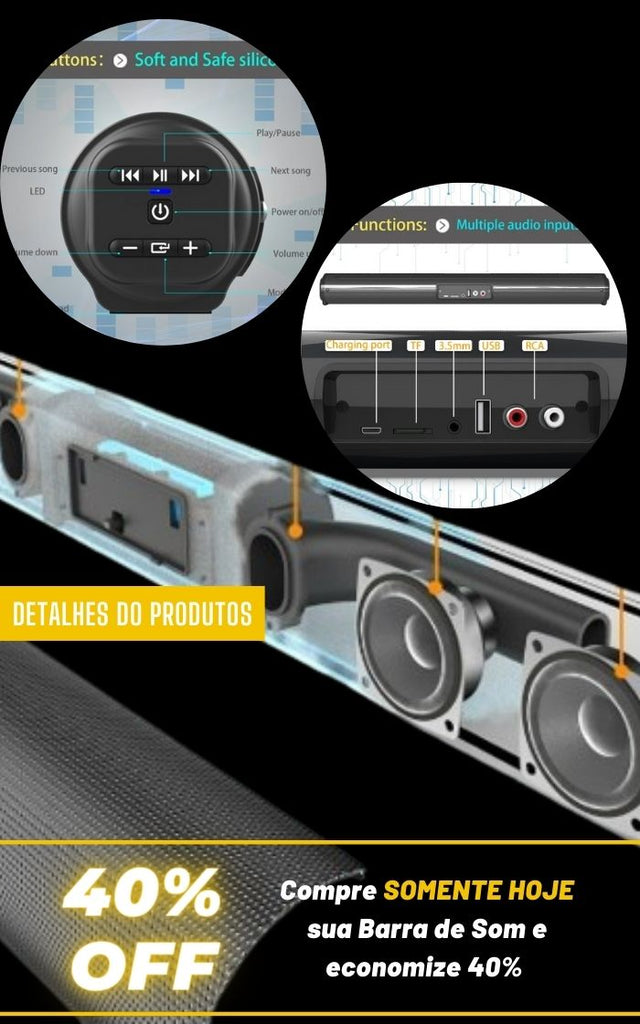 BARRA DE SOM SEM FIO BLUETOOTH ALTO-FALANTES DE TV