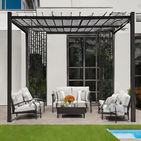 Black Metal Pergola with Canopy Beside the House