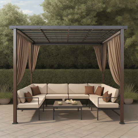 Brown Metal Pergola with Canopy with Sofa Set