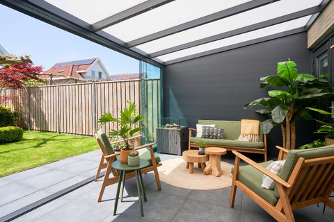 Deponti Giallo Aluminium Pergola Veranda - Inside View with Sofa Set and Garden View