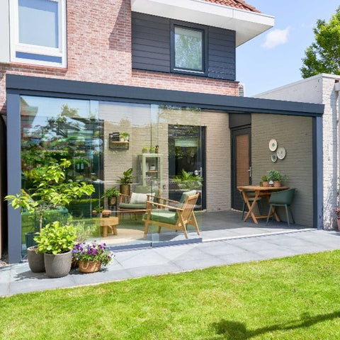 Deponti Giallo Aluminium Pergola Veranda Grey - Front View with Sliding Glass Door