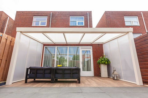 Deponti Giallo Aluminium Pergola Veranda White - Front View with Sofa Set